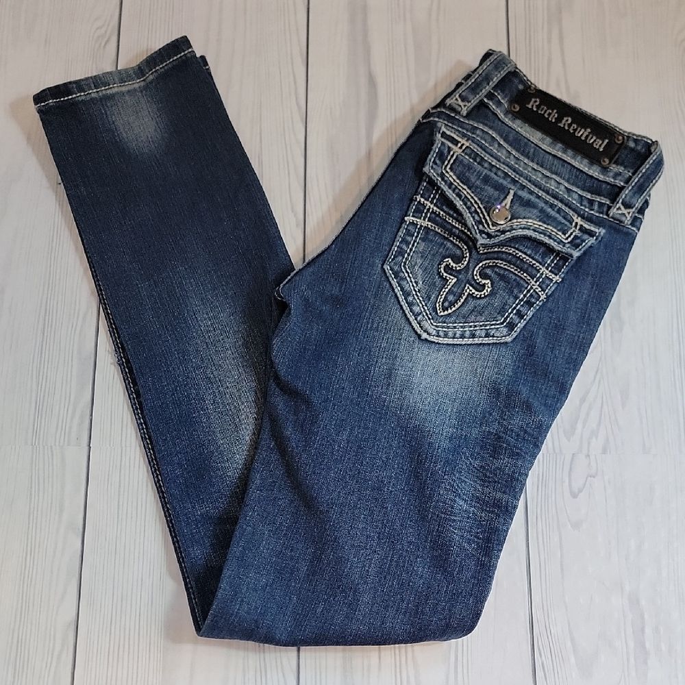 Rock Revival Celine Blue Denim Skinny Jeans Distressed Womens Size Waist 28"